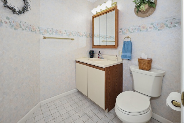 21 Hidden Pond Dr, Watertown, CT 06795 - bathroom with vanity, tile patterned flooring, wallpapered walls, and wainscoting