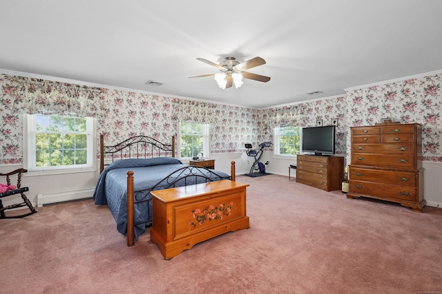 21 Hidden Pond Dr, Watertown, CT 06795 - carpeted bedroom featuring wallpapered walls, baseboard heating, ornamental molding, and ceiling fan