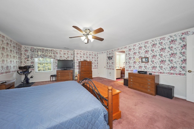 21 Hidden Pond Dr, Watertown, CT 06795 - bedroom with wallpapered walls, a wainscoted wall, light colored carpet, ceiling fan, and crown molding