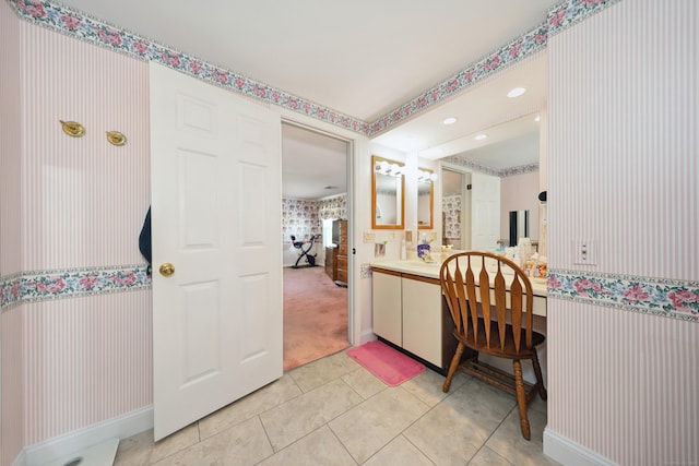 21 Hidden Pond Dr, Watertown, CT 06795 - bathroom with wallpapered walls, vanity, tile patterned flooring, and recessed lighting