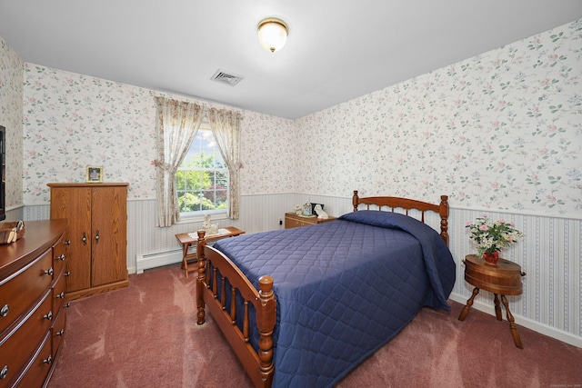 21 Hidden Pond Dr, Watertown, CT 06795 - carpeted bedroom featuring wallpapered walls, a wainscoted wall, and a baseboard radiator