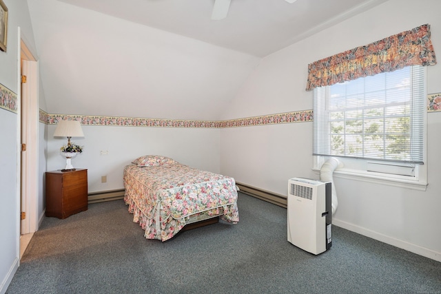 21 Hidden Pond Dr, Watertown, CT 06795 - carpeted bedroom featuring a baseboard heating unit, vaulted ceiling, and a ceiling fan