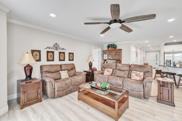 54 Pondview Cir Unit 54, Beacon Falls, CT 06403 - living room featuring ceiling fan, light wood-style floors, recessed lighting, and ornamental molding