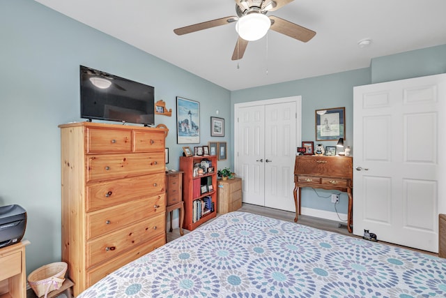 54 Pondview Cir Unit 54, Beacon Falls, CT 06403 - bedroom with a closet, wood finished floors, and ceiling fan