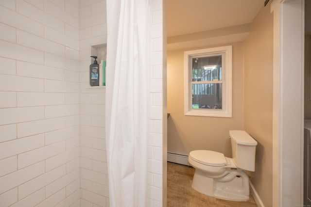 16 Skidmore Ln, Newtown, CT 06482 - full bathroom featuring tiled shower, a baseboard heating unit, and wood finished floors