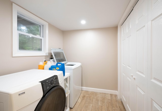 16 Skidmore Ln, Newtown, CT 06482 - washroom with washing machine and clothes dryer, light wood-type flooring, and recessed lighting