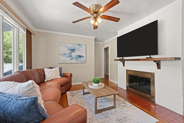 84 Kanungum Trl, Shelton, CT 06484 - living room with a fireplace with flush hearth, a ceiling fan, and ornamental molding