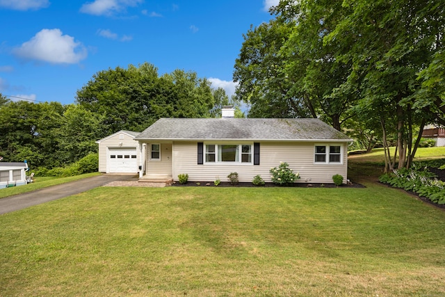 96 Douglas Dr, Meriden, CT 06451 - ranch-style home with driveway, a front yard, an attached garage, and a chimney