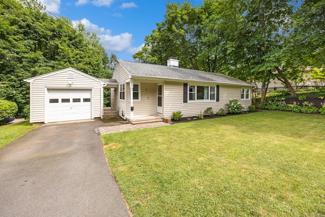 96 Douglas Dr, Meriden, CT 06451 - ranch-style house with a chimney, a front lawn, driveway, a shingled roof, and a garage
