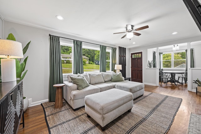 96 Douglas Dr, Meriden, CT 06451 - living room with a ceiling fan, healthy amount of natural light, wood finished floors, and recessed lighting