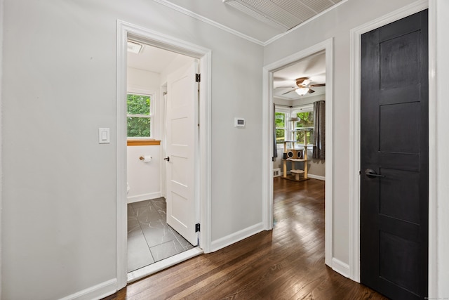 96 Douglas Dr, Meriden, CT 06451 - hall with dark wood-style floors, plenty of natural light, and crown molding