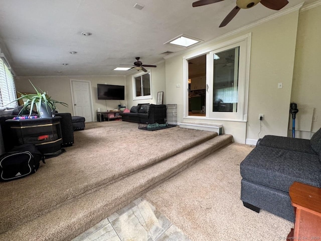 860 Suffield St, Suffield, CT 06078 - carpeted living room with ceiling fan and crown molding
