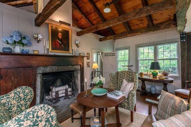 32 Cherniske Rd, New Milford, CT 06776 - living area featuring wood finished floors, wood ceiling, and a fireplace