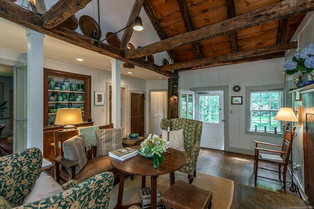 32 Cherniske Rd, New Milford, CT 06776 - living room featuring ornate columns, wood-type flooring, and wooden walls