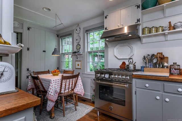 32 Cherniske Rd, New Milford, CT 06776 - kitchen featuring high end stainless steel range, under cabinet range hood, dark wood finished floors, open shelves, and gray cabinets