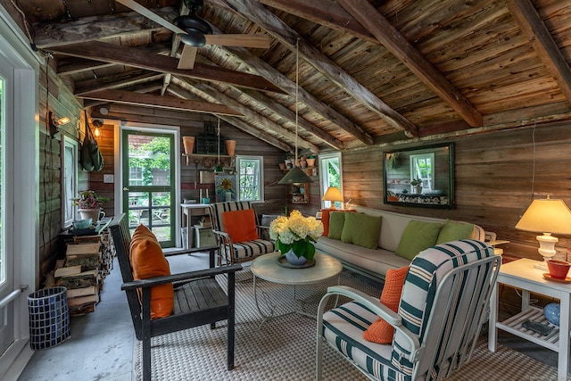 32 Cherniske Rd, New Milford, CT 06776 - living area with wood walls, a ceiling fan, wooden ceiling, and concrete flooring