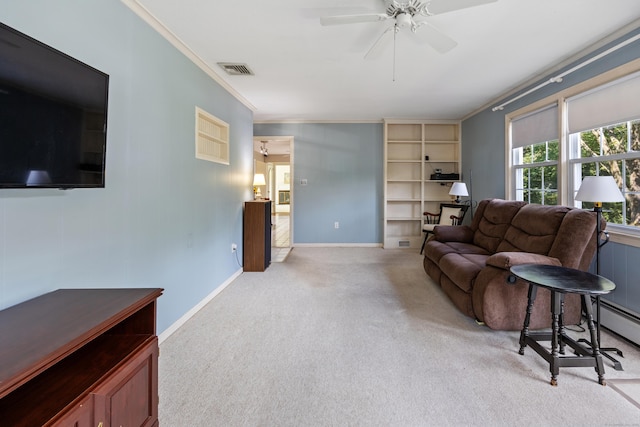 622 Wiese Rd, Cheshire, CT 06410 - living area featuring light carpet, a ceiling fan, and crown molding