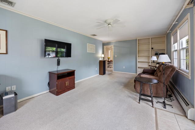 622 Wiese Rd, Cheshire, CT 06410 - sitting room with a baseboard heating unit, a ceiling fan, ornamental molding, and light carpet