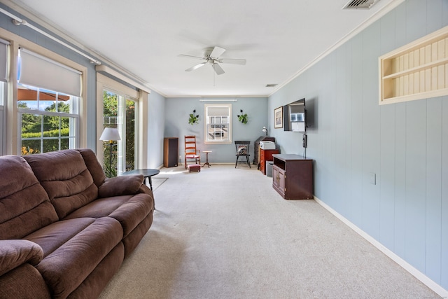622 Wiese Rd, Cheshire, CT 06410 - carpeted living area featuring a ceiling fan and ornamental molding