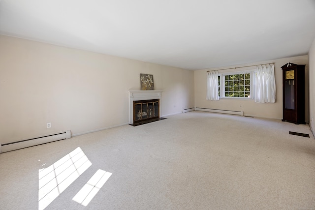 622 Wiese Rd, Cheshire, CT 06410 - unfurnished living room with a baseboard heating unit, carpet floors, and a fireplace with flush hearth