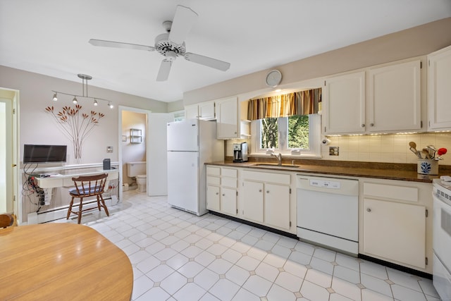 622 Wiese Rd, Cheshire, CT 06410 - kitchen featuring white appliances, dark countertops, light flooring, baseboard heating, and a ceiling fan