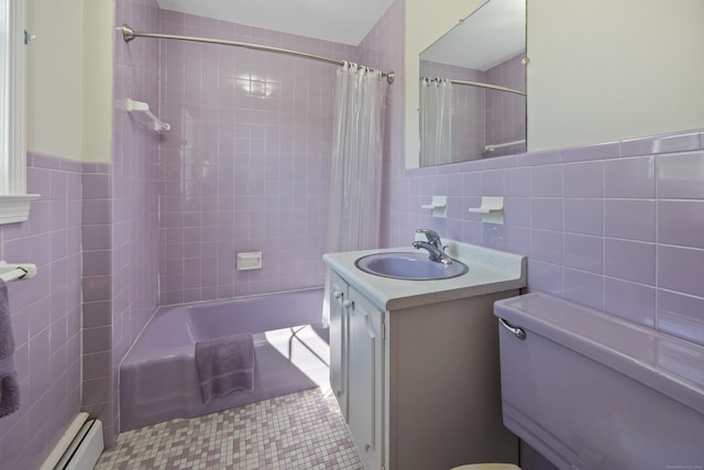622 Wiese Rd, Cheshire, CT 06410 - full bathroom with a baseboard heating unit, tile walls, vanity, and shower / tub combo