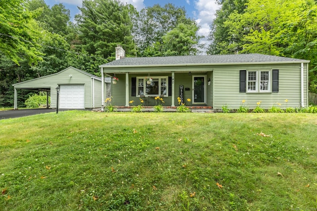 140 Ridgewood Rd, East Hartford, CT 06118 - view of front facade featuring covered porch, a garage, a front lawn, a chimney, and an outbuilding