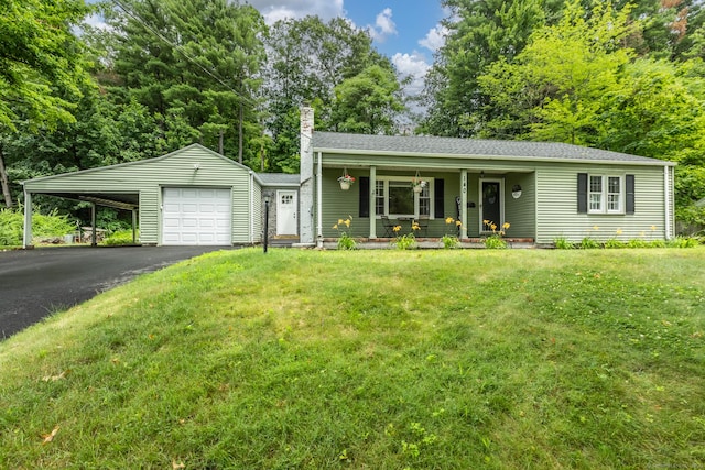 140 Ridgewood Rd, East Hartford, CT 06118 - view of front of home with a garage, a porch, a chimney, a front yard, and asphalt driveway