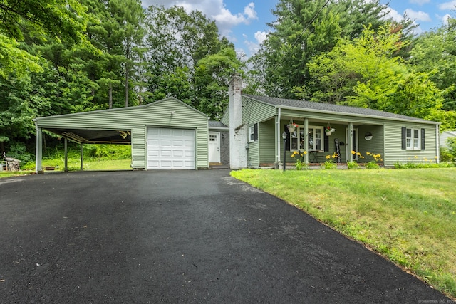 140 Ridgewood Rd, East Hartford, CT 06118 - ranch-style house with driveway, a front lawn, a chimney, and covered porch