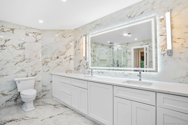 45 Hunting Ridge Rd, Easton, CT 06612 - full bath featuring marble tiled flooring, stone wall, double vanity, a marble finish shower, and recessed lighting