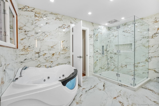 45 Hunting Ridge Rd, Easton, CT 06612 - bathroom featuring a marble finish shower, a jetted tub, recessed lighting, and marble tiled flooring