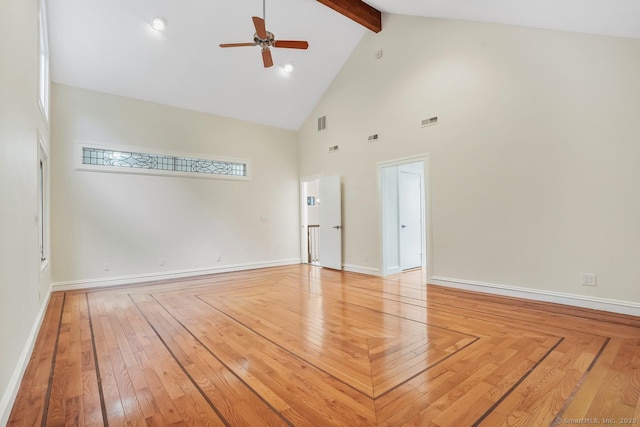 45 Hunting Ridge Rd, Easton, CT 06612 - empty room featuring ceiling fan, high vaulted ceiling, beamed ceiling, and light wood-style flooring