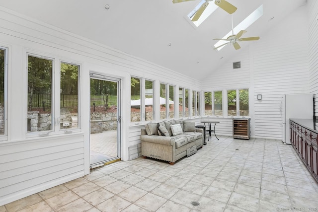 45 Hunting Ridge Rd, Easton, CT 06612 - sunroom / solarium with ceiling fan, plenty of natural light, wine cooler, and high vaulted ceiling