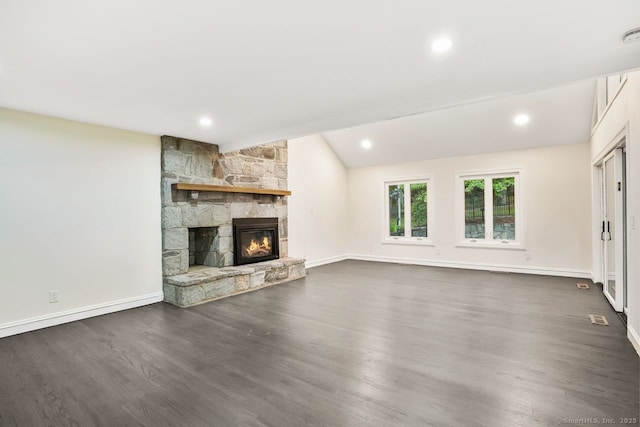 45 Hunting Ridge Rd, Easton, CT 06612 - unfurnished living room featuring a fireplace, dark wood-style floors, vaulted ceiling, and recessed lighting
