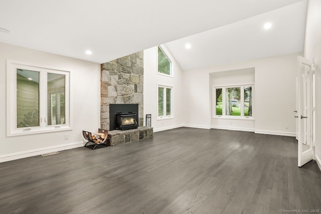 45 Hunting Ridge Rd, Easton, CT 06612 - unfurnished living room featuring dark wood finished floors, high vaulted ceiling, and recessed lighting