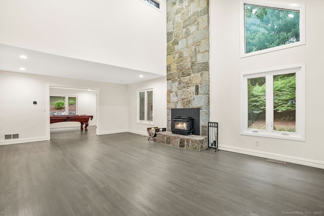45 Hunting Ridge Rd, Easton, CT 06612 - unfurnished living room featuring billiards, healthy amount of natural light, dark wood-style floors, a high ceiling, and recessed lighting