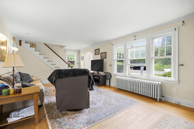 114 Kneeland Rd, New Haven, CT 06512 - living room with radiator heating unit, wood-type flooring, stairs, ornamental molding, and arched walkways