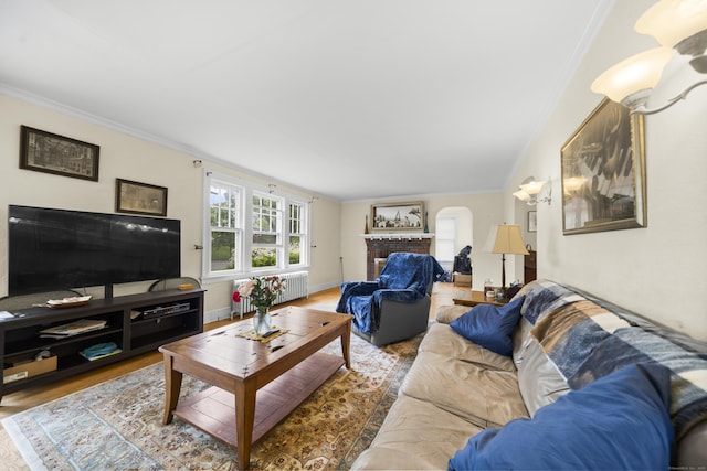 114 Kneeland Rd, New Haven, CT 06512 - living room with crown molding, radiator, wood finished floors, and a brick fireplace