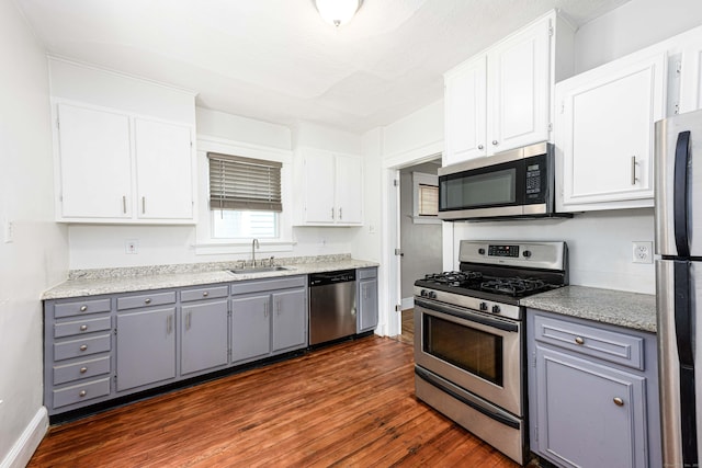 38 Francis Ave, Hamden, CT 06517 - kitchen with appliances with stainless steel finishes, gray cabinets, dark wood-style floors, and white cabinets