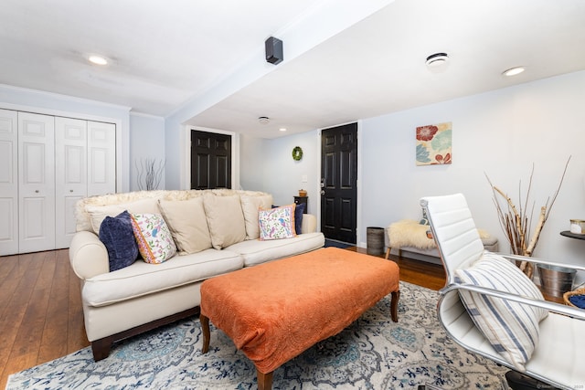 438 Woodland St, Glastonbury, CT 06073 - living room featuring hardwood / wood-style floors, crown molding, and recessed lighting