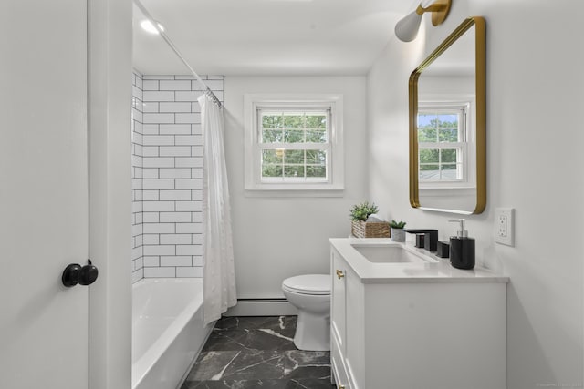 103 Perry Rd, Bristol, CT 06010 - bathroom with healthy amount of natural light, vanity, marble look tiles, and shower / bath combo with shower curtain