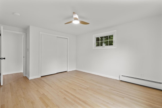 103 Perry Rd, Bristol, CT 06010 - unfurnished bedroom with light wood-style floors, a closet, a baseboard radiator, and a ceiling fan