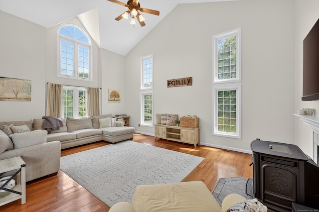 26 Rockwood Dr, Portland, CT 06480 - living area featuring high vaulted ceiling, ceiling fan, and light wood-style floors