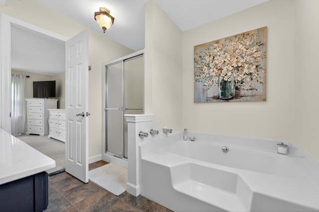 26 Rockwood Dr, Portland, CT 06480 - full bathroom featuring a stall shower, a garden tub, vanity, and stone finish flooring