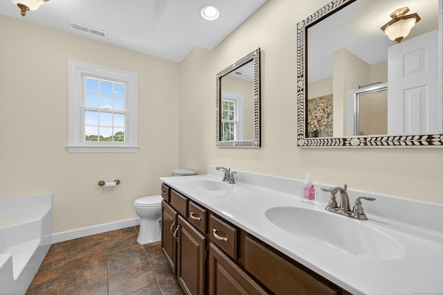 26 Rockwood Dr, Portland, CT 06480 - bathroom with a stall shower, double vanity, a bath, stone finish flooring, and recessed lighting
