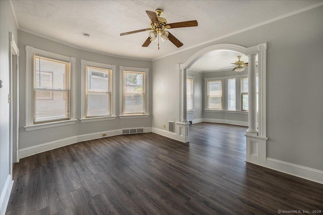 118 New Haven Ave, Derby, CT 06418 - unfurnished room featuring ornate columns, a ceiling fan, crown molding, dark wood-style floors, and a textured ceiling