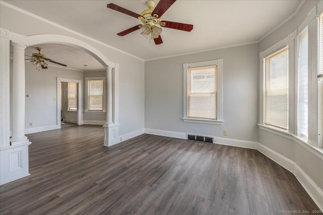 118 New Haven Ave, Derby, CT 06418 - empty room with decorative columns, a ceiling fan, dark wood-style floors, crown molding, and arched walkways