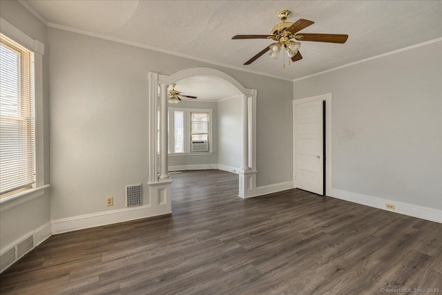 118 New Haven Ave, Derby, CT 06418 - empty room with ornate columns, a ceiling fan, dark wood-type flooring, ornamental molding, and cooling unit