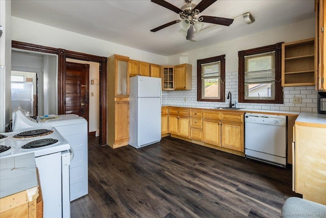 118 New Haven Ave, Derby, CT 06418 - kitchen with white appliances, light countertops, decorative backsplash, ceiling fan, and dark wood-type flooring