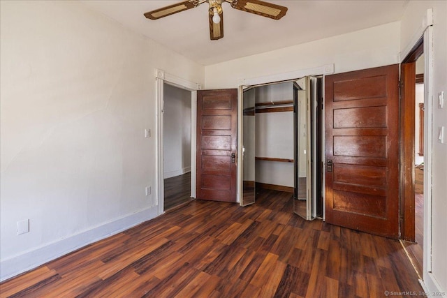 118 New Haven Ave, Derby, CT 06418 - unfurnished bedroom with dark wood-style floors, a closet, and ceiling fan
